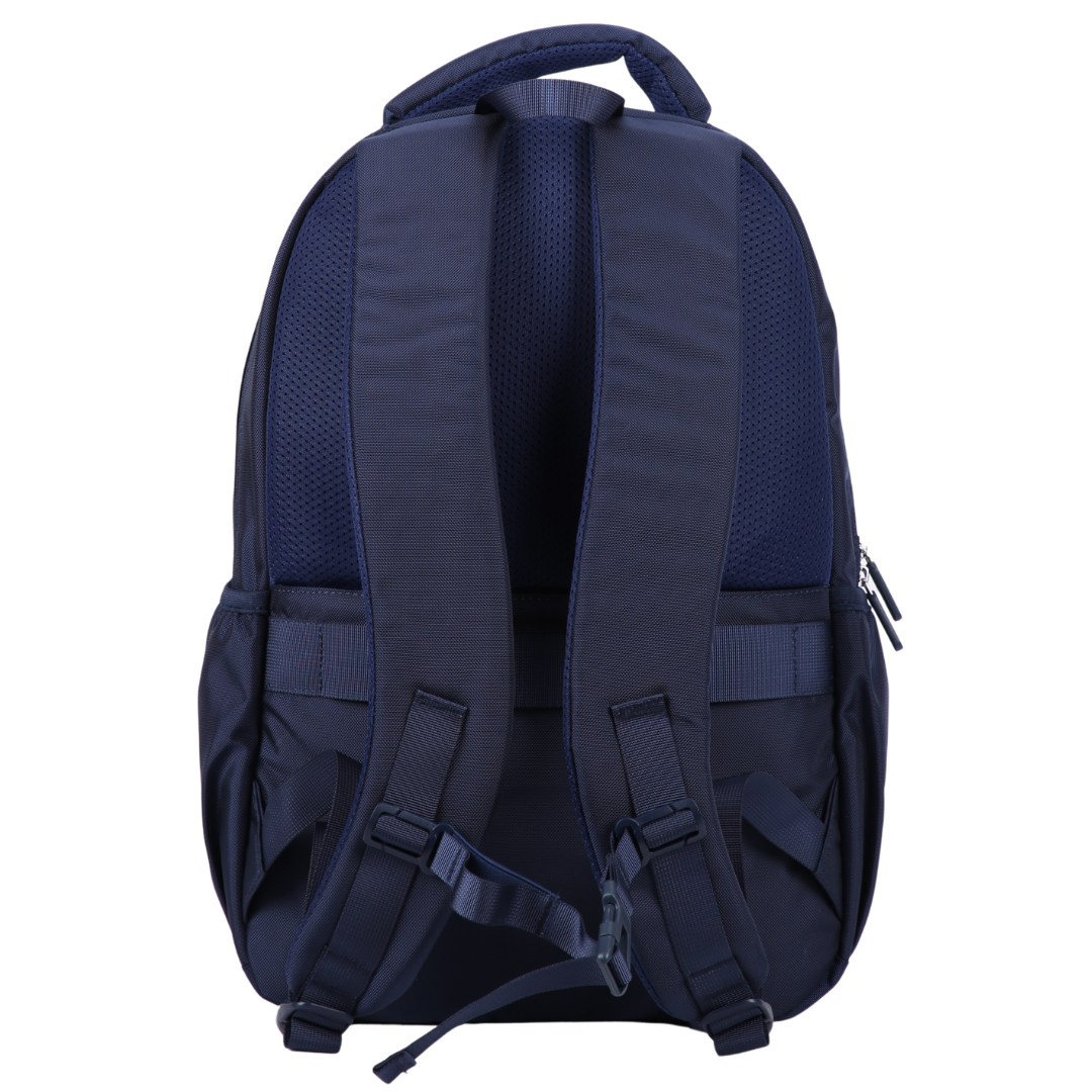 navyt blue large 900d backpack back view with adjustable padded shoulder straps, chest strap, luggage strap and security zipped pocket