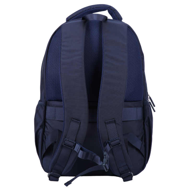 navyt blue large 900d backpack back view with adjustable padded shoulder straps, chest strap, luggage strap and security zipped pocket