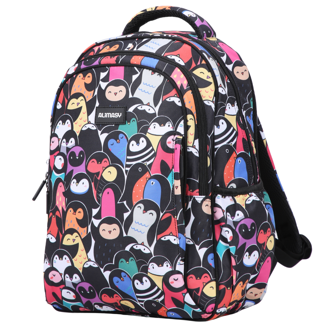 Colourful Penguins Midsize Kids Backpack inside view easy-clean waterproof interior lining, durable kids school bag