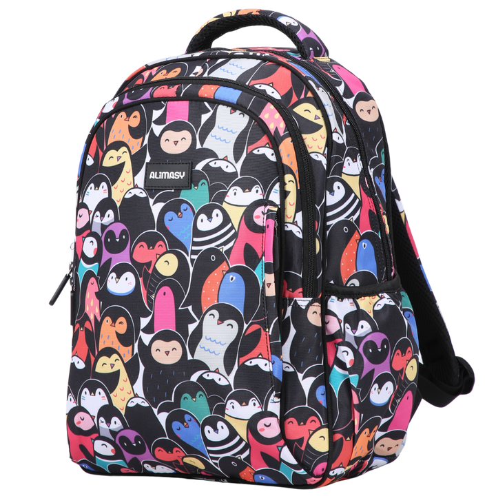 Colourful Penguins Midsize Kids Backpack inside view easy-clean waterproof interior lining, durable kids school bag