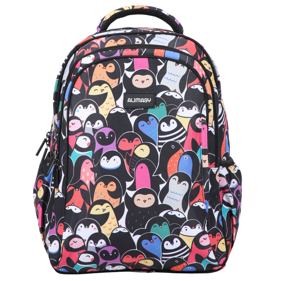 Colourful Penguins Midsize Kids Backpack front view lightweight waterproof preschool and primary school bag Australia NZ