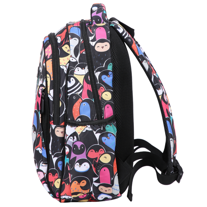 Colourful Penguins Midsize Kids Backpack side pocket elasticated for secure water bottle storage