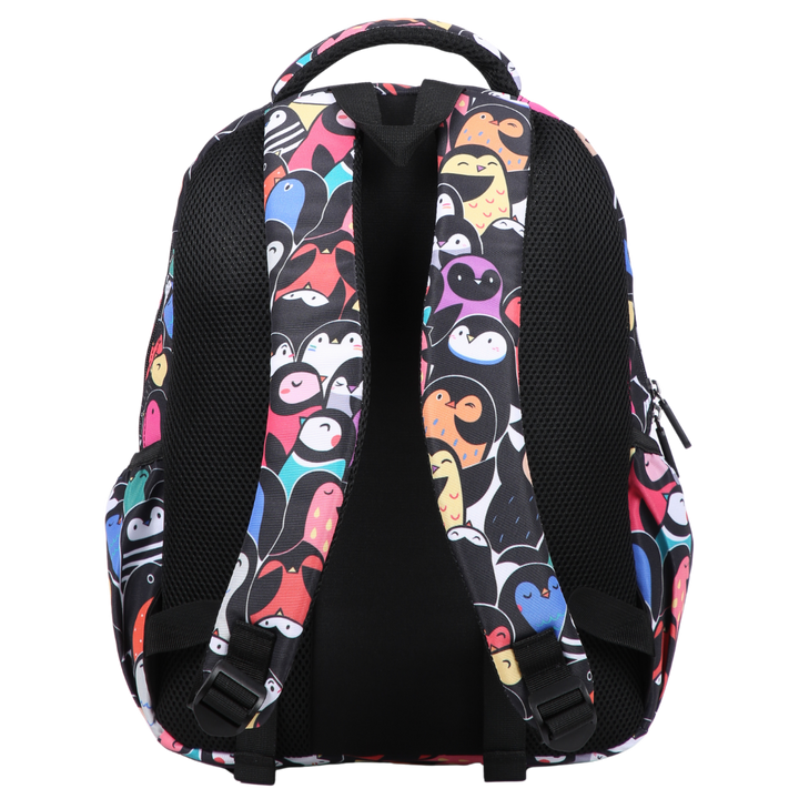 Colourful Penguins Midsize Kids Backpack back view ergonomic padded straps and back, comfortable waterproof kids school bag