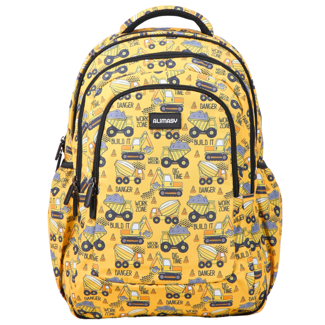 Yellow backpack with construction vehicle pattern on a white background