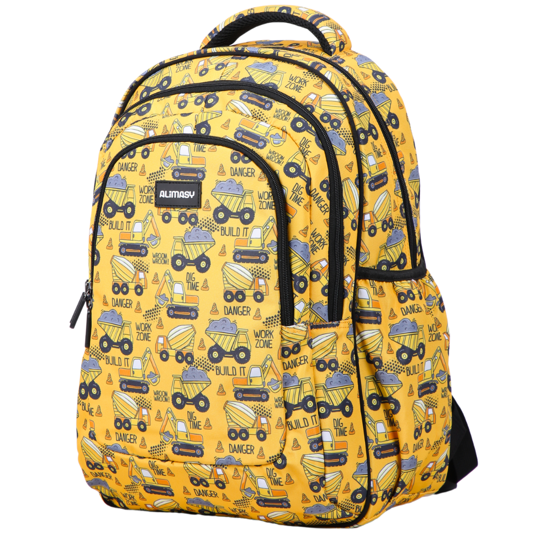 Yellow backpack with construction vehicle pattern on a white background