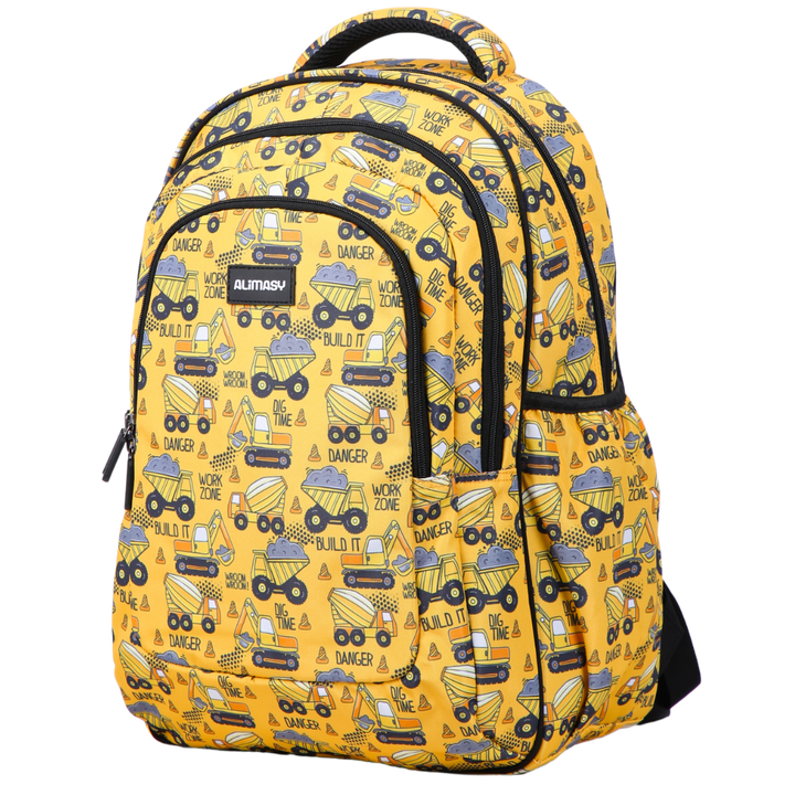 Yellow backpack with construction vehicle pattern on a white background