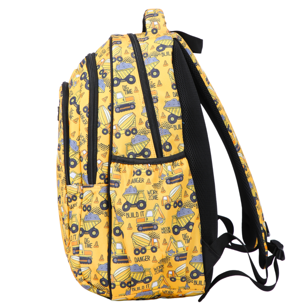 Yellow backpack with construction vehicle pattern on a white background