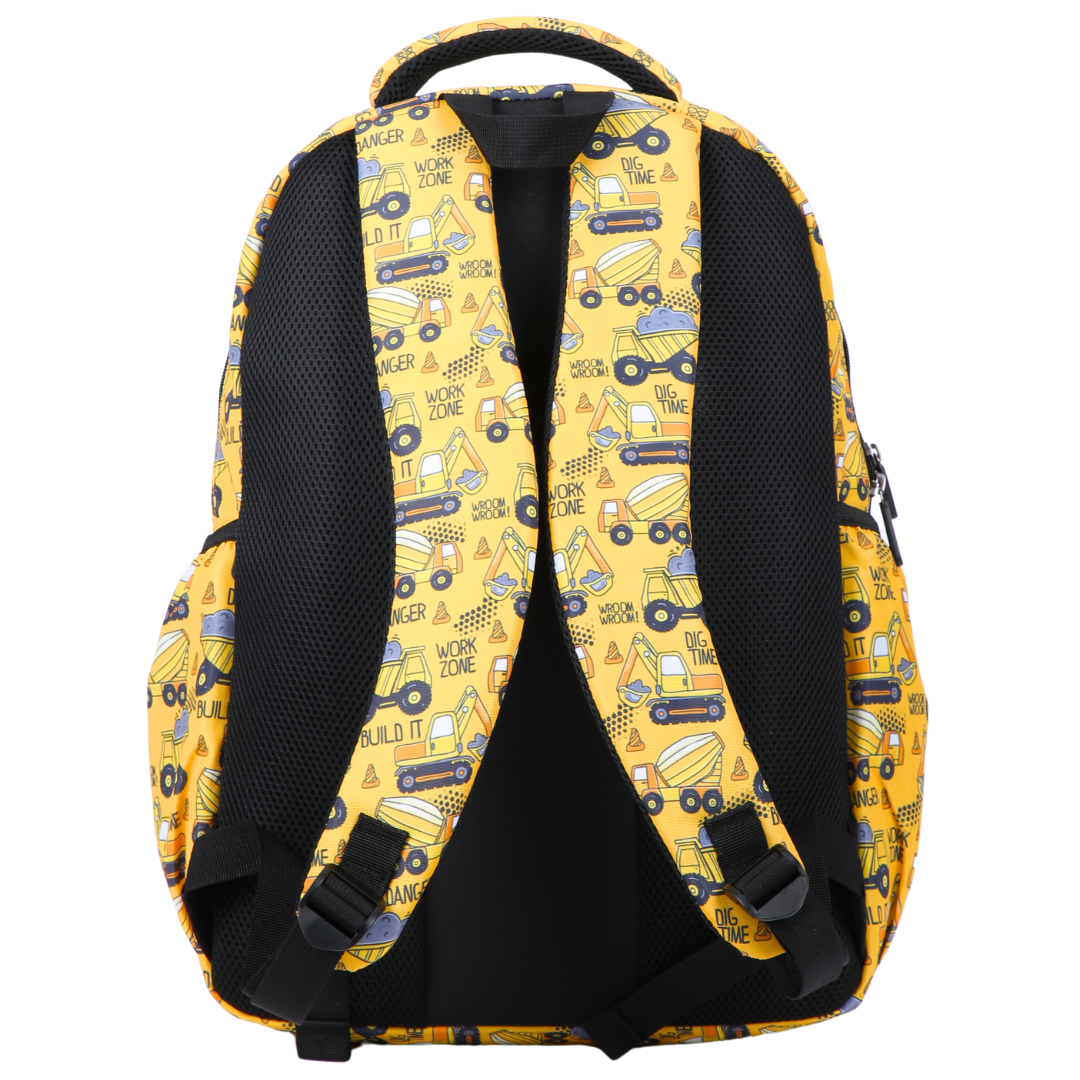 Backpack with construction vehicle pattern on a yellow background