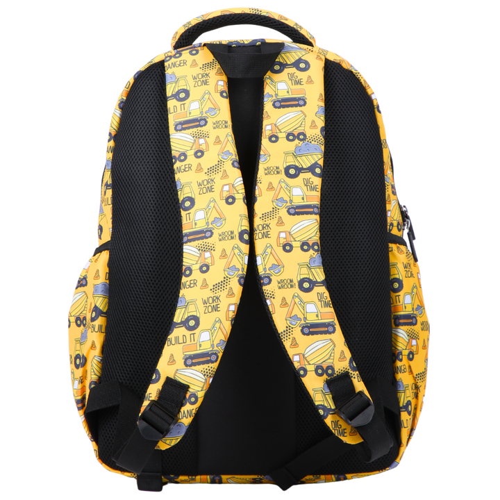 Backpack with construction vehicle pattern on a yellow background