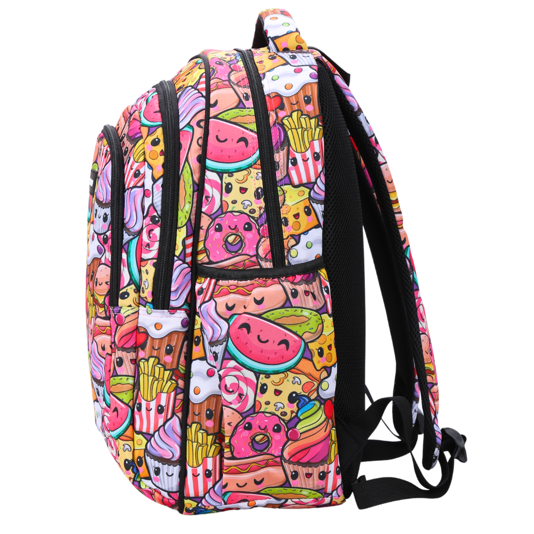 Side view of Cute Treats Large School Backpack Deep side pockets and multiple carry handles