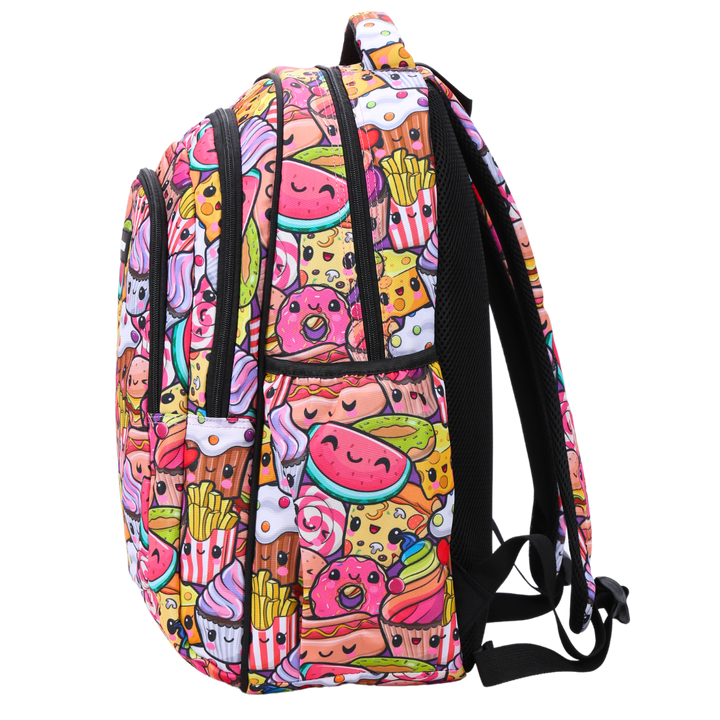 Side view of Cute Treats Large School Backpack Deep side pockets and multiple carry handles