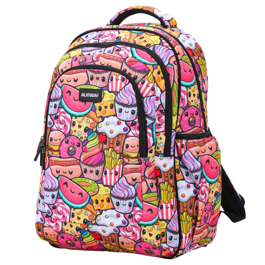 Angled view of Cute Treats Large School Backpack Lightweight yet strong with YKK zips