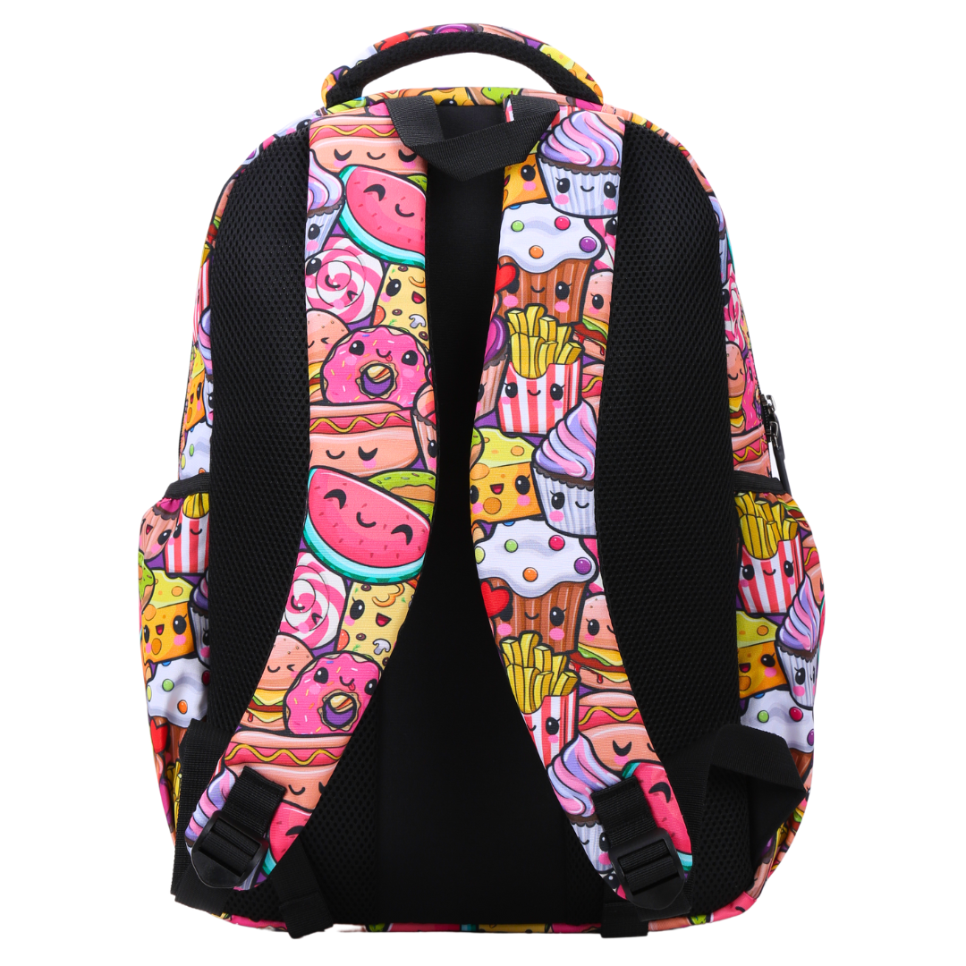 Back view of Cute Treats Large School Backpack Padded straps and breathable cushions for comfort