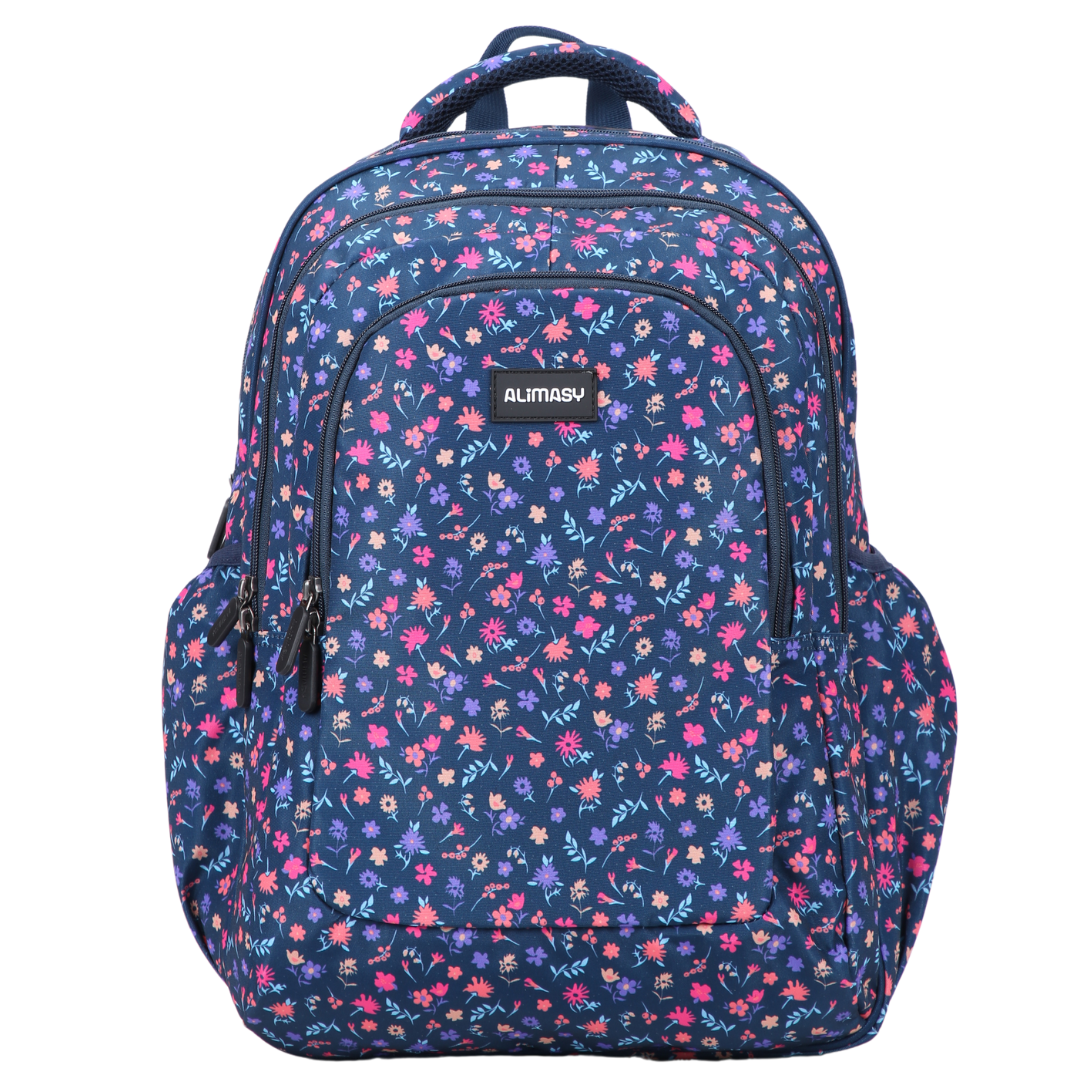 A large navy blue school backpack with a floral pattern, featuring multiple compartments, side pockets, and adjustable straps.