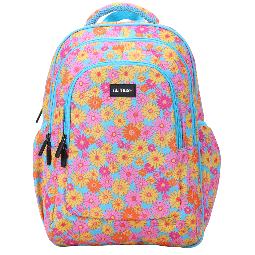 A large school backpack with a colorful ditsy daisy flowers pattern, featuring multiple compartments and a blue zipper.