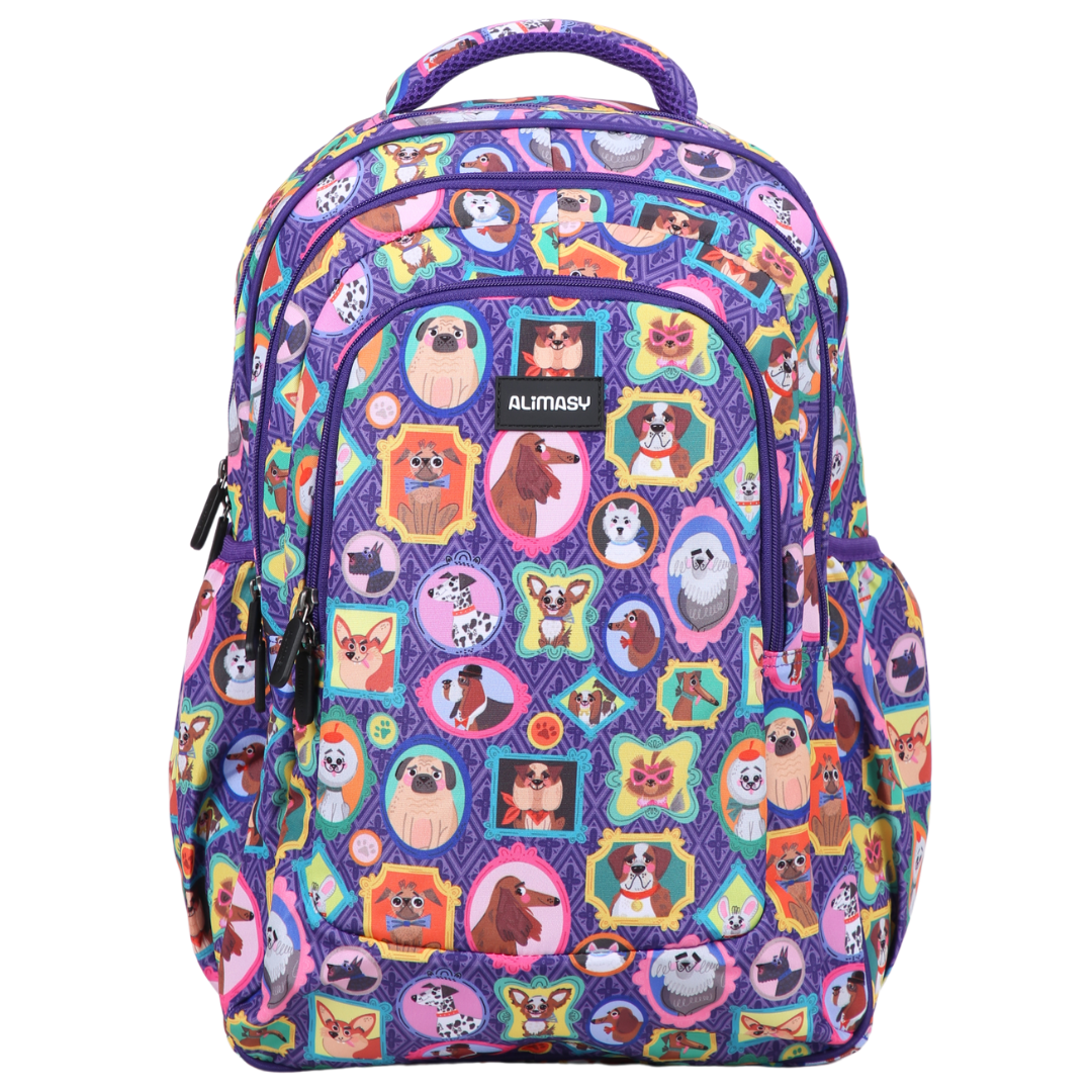 A large school backpack with a colorful animal-themed pattern, featuring characters that resemble dog portraits.
