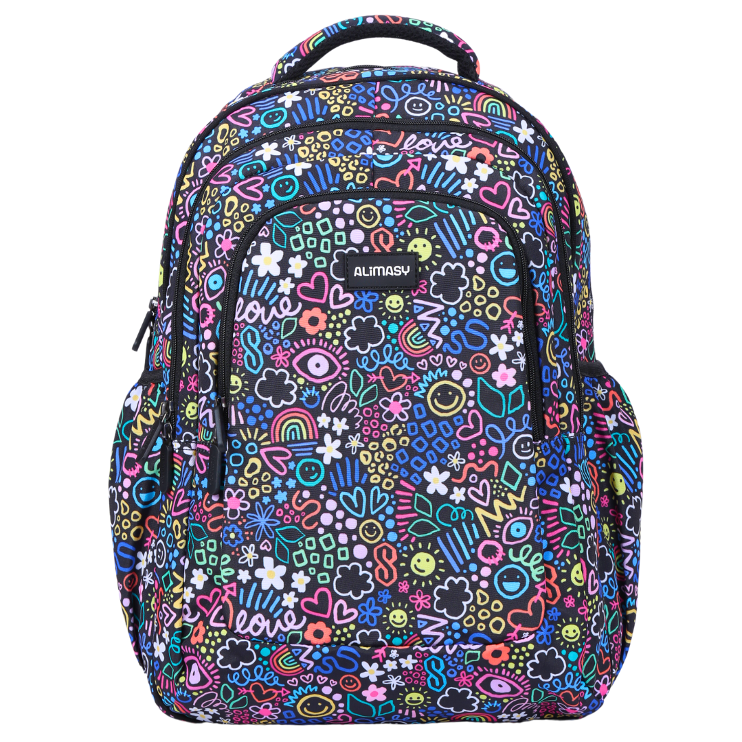 A large school backpack with a colorful doodling printed design, featuring multiple compartments, side pockets, and an ergonomic design with padded straps and back.