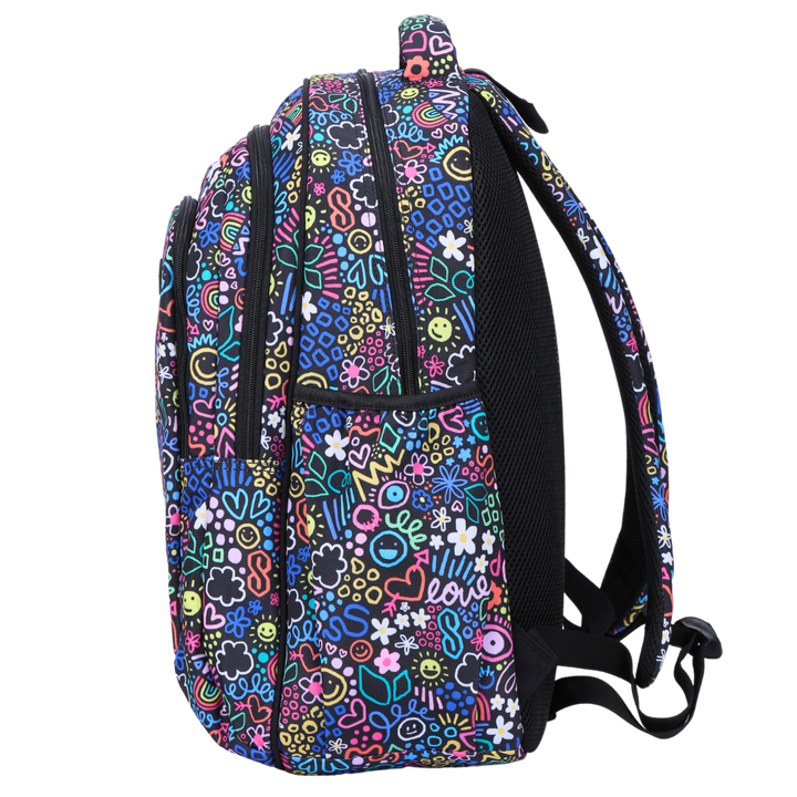 Side view of Doodle Large School Backpack Deep side pockets and multiple carry handles