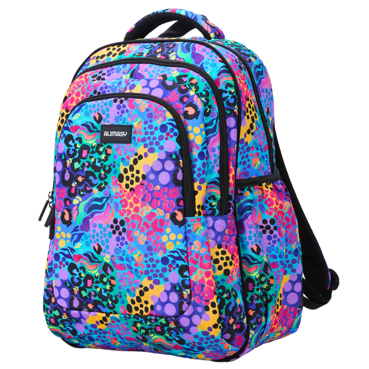 Angled view of Electric Leopard Large School Backpack Lightweight yet strong with YKK zips