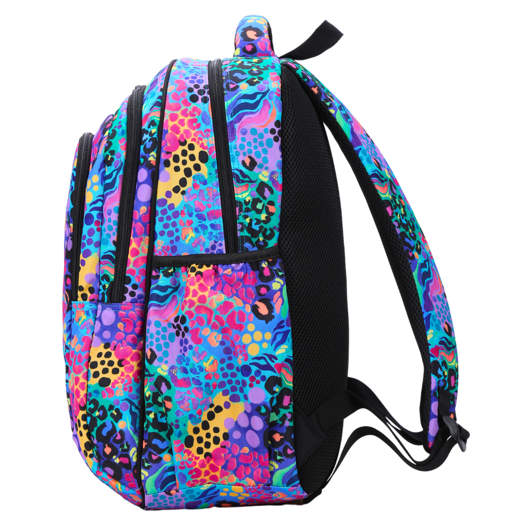 Side view of Electric Leopard Large School Backpack Deep side pockets and multiple carry handles