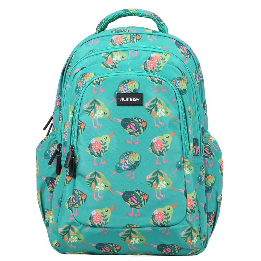 Green kids Backpack with a colorful kiwi bird pattern on a white background