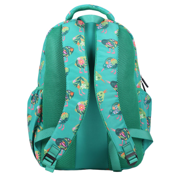 Teal backpack with colorful kiwi bird pattern on a white background
