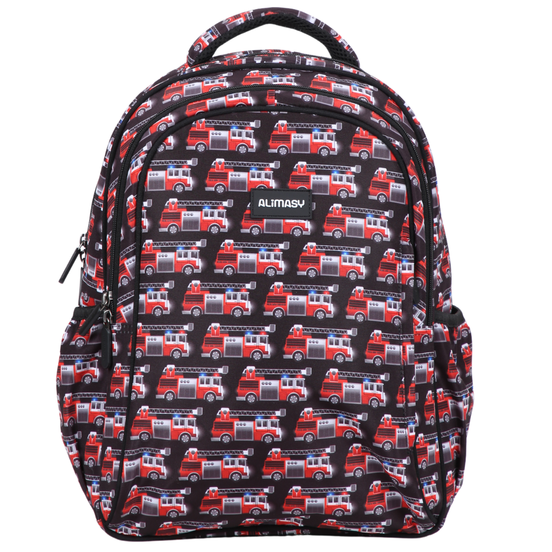 A midsize kids' backpack with a dark color and a firetruck theme. It features multiple compartments and a padded carry handle.