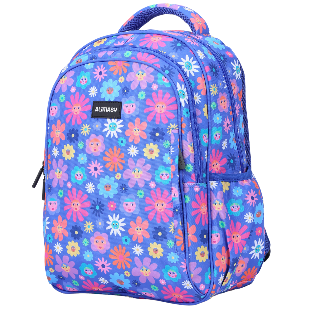 A midsize children's backpack with a bright blue floral pattern, featuring multiple compartments and adjustable straps.
