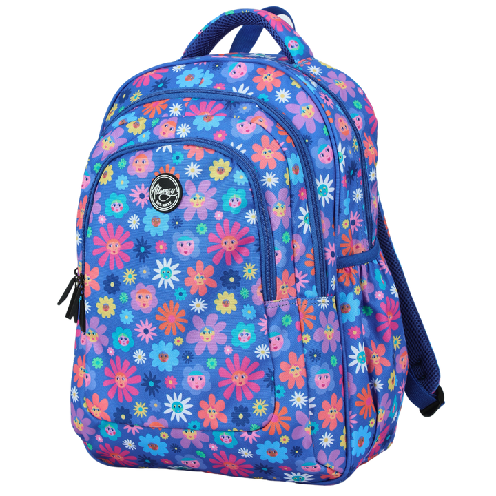 Angled view of Flower Friends Large School Backpack Lightweight yet strong with YKK zips