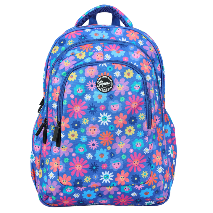 Front view of Blue Flower Friends Large School Backpack  Durable kids backpack with spacious compartments