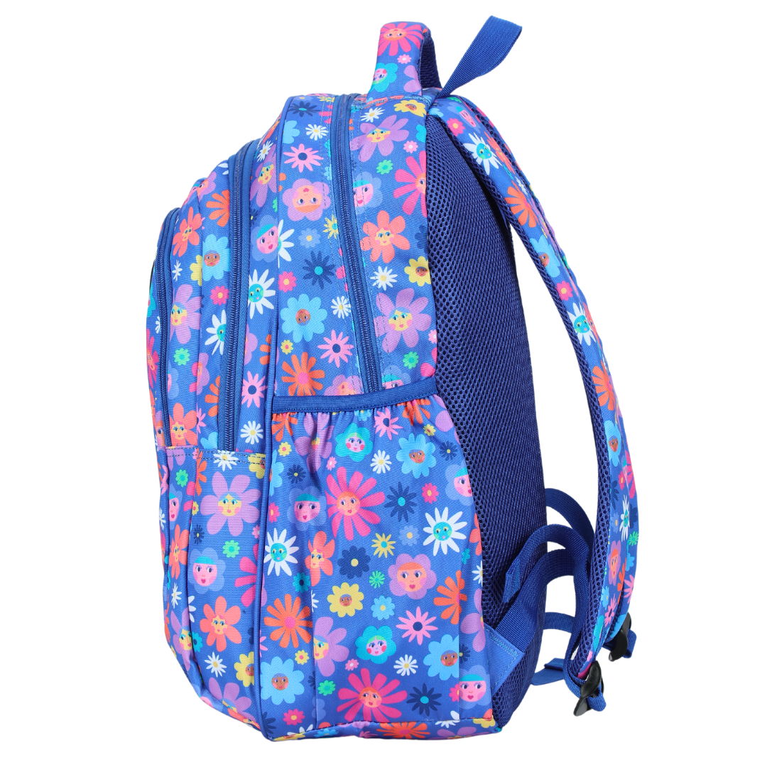 Side view of Flower Friends Large School Backpack Deep side pockets and multiple carry handles