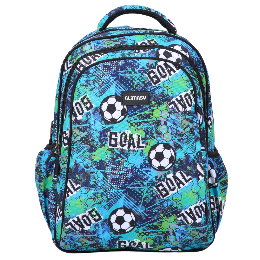 A midsize children's backpack with a football/soccer theme print, featuring multiple compartments and adjustable straps.