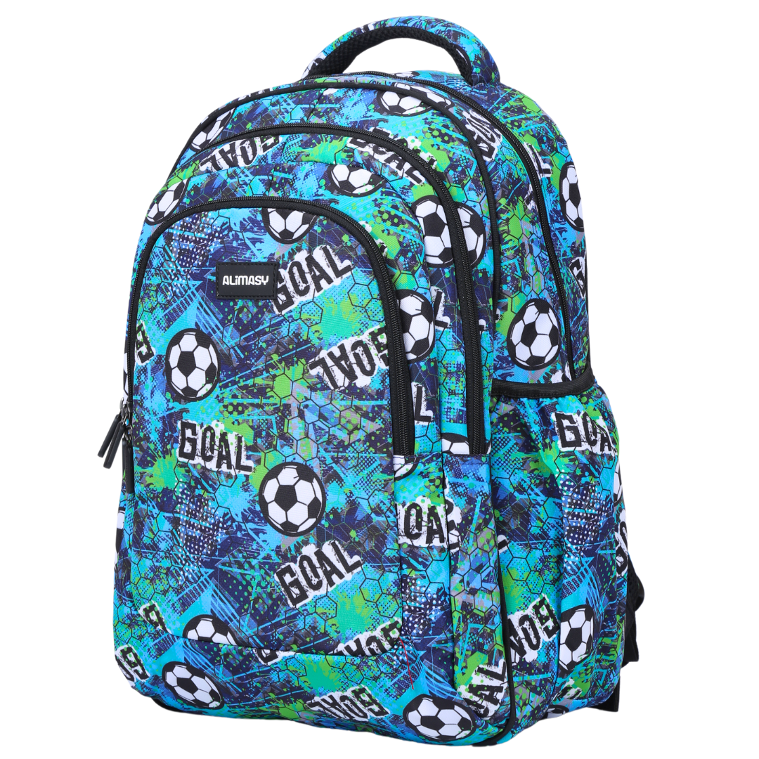 A large school backpack with a football theme, predominantly blue with goal and soccer ball patterns.