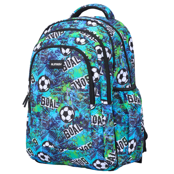 A large school backpack with a football theme, predominantly blue with goal and soccer ball patterns.