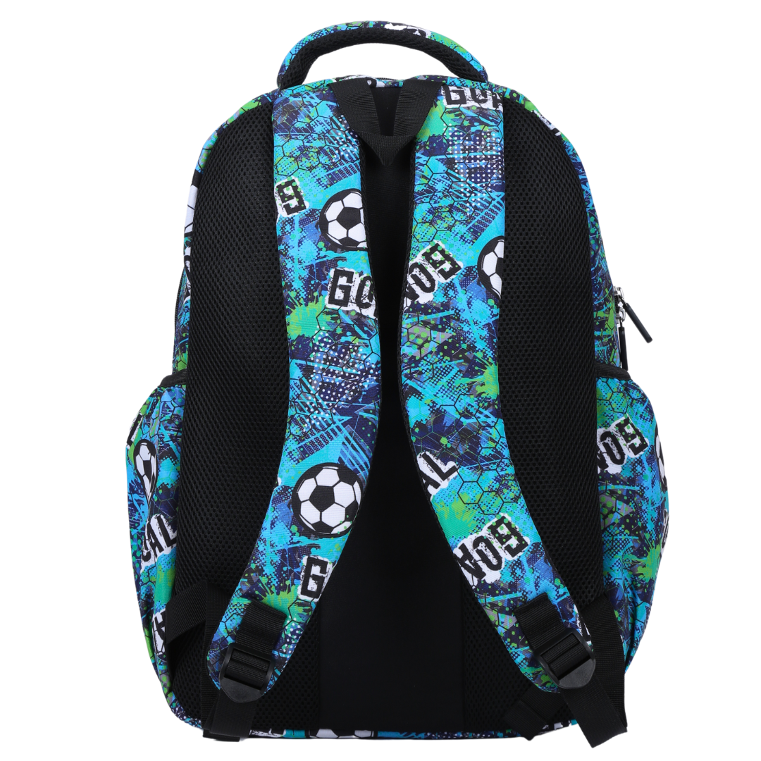 Back view of blue and green football Large School Backpack Padded straps and breathable cushions for comfort