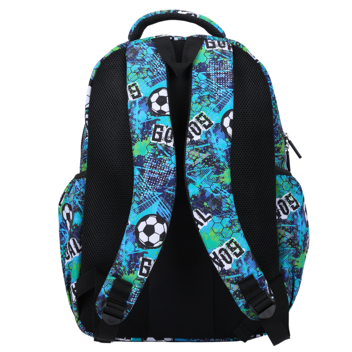 Back view of blue and green football Large School Backpack Padded straps and breathable cushions for comfort