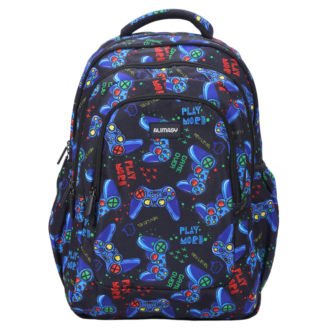 A large gaming-themed school backpack with multiple compartments, featuring a pattern with video game controllers in blue, black, and gray colors.