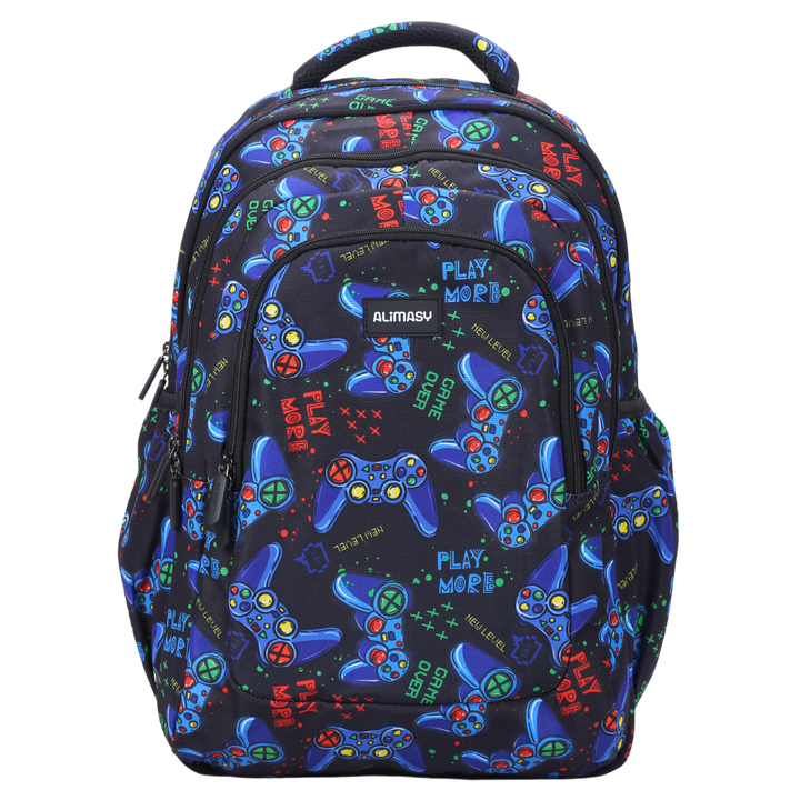 A large gaming-themed school backpack with multiple compartments, featuring a pattern with video game controllers in blue, black, and gray colors.
