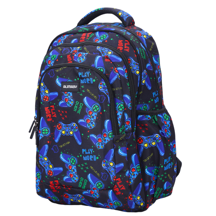 Angled view of Gaming Large School Backpack Lightweight yet strong with YKK zips