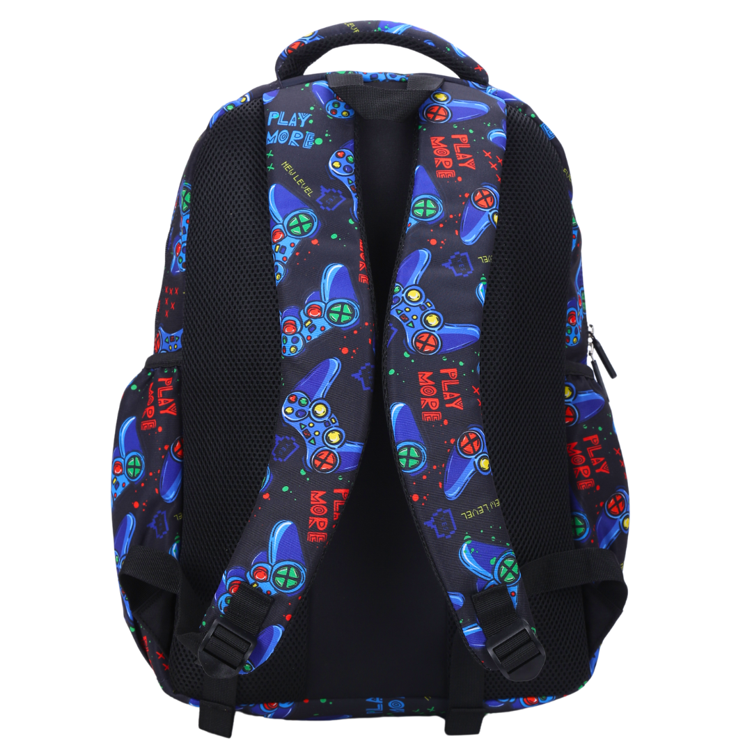 Back view of Gaming Large School Backpack Padded straps and breathable cushions for comfort