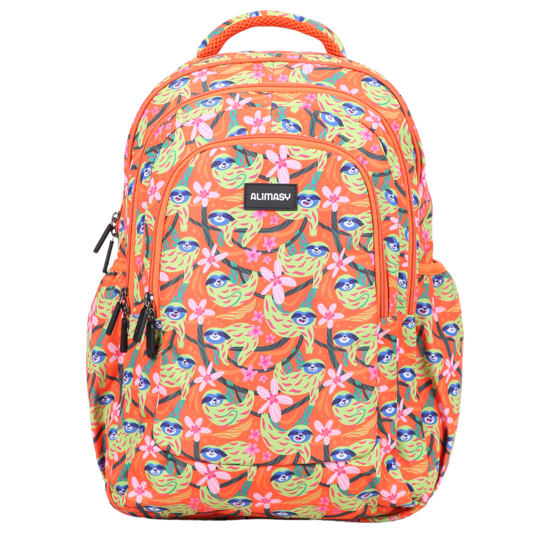 Front view of Green Sloths Large School Backpack Durable kids backpack with spacious compartments