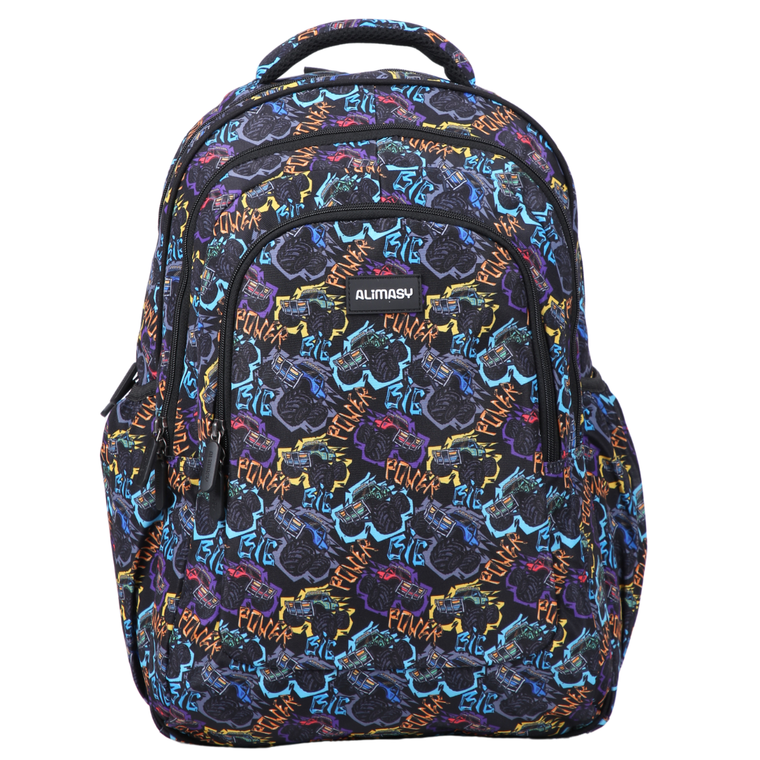 A large school backpack with a colorful monster truck print, featuring multiple compartments and a padded carry handle.