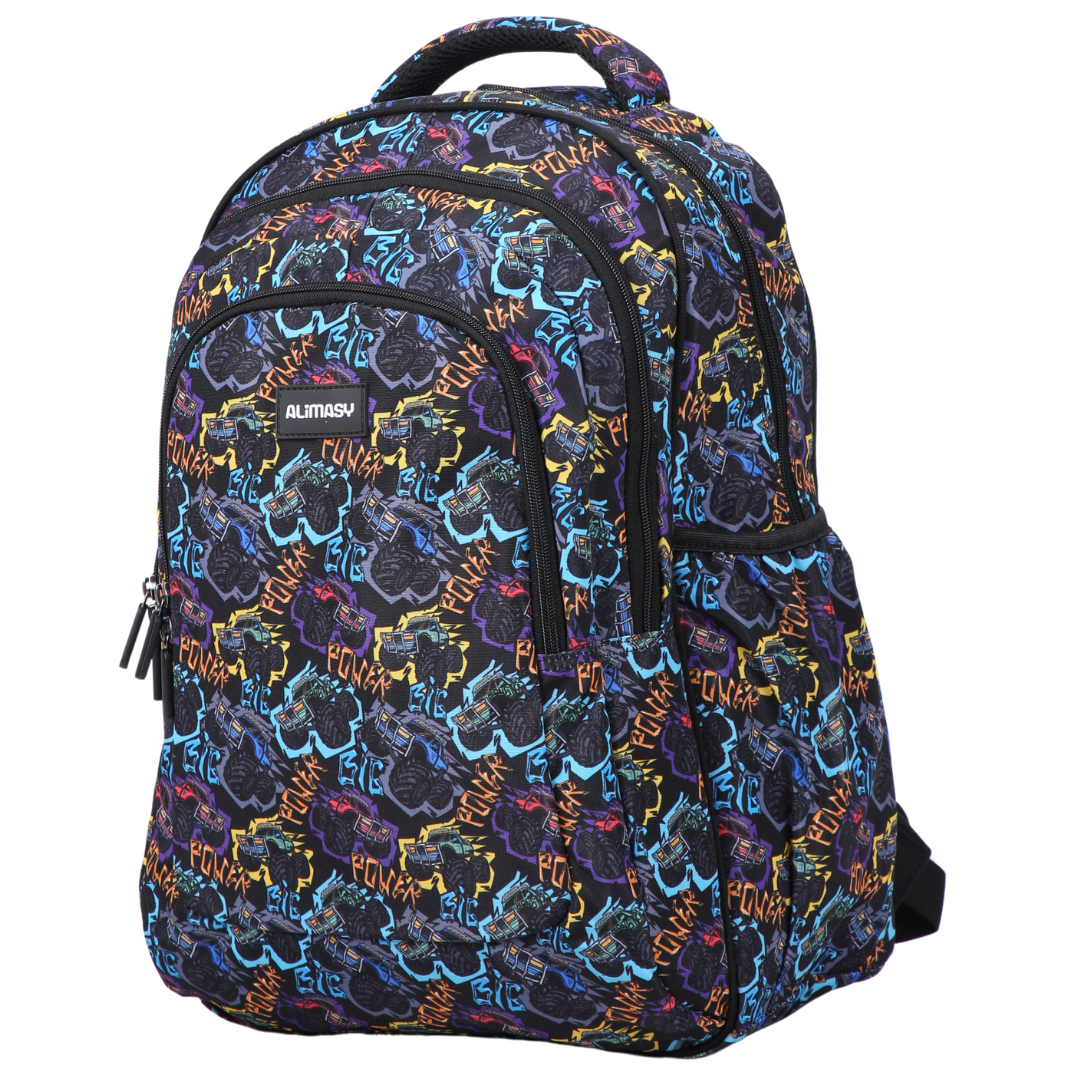 Angled view of Monster Truck Large School Backpack Lightweight yet strong with YKK zips