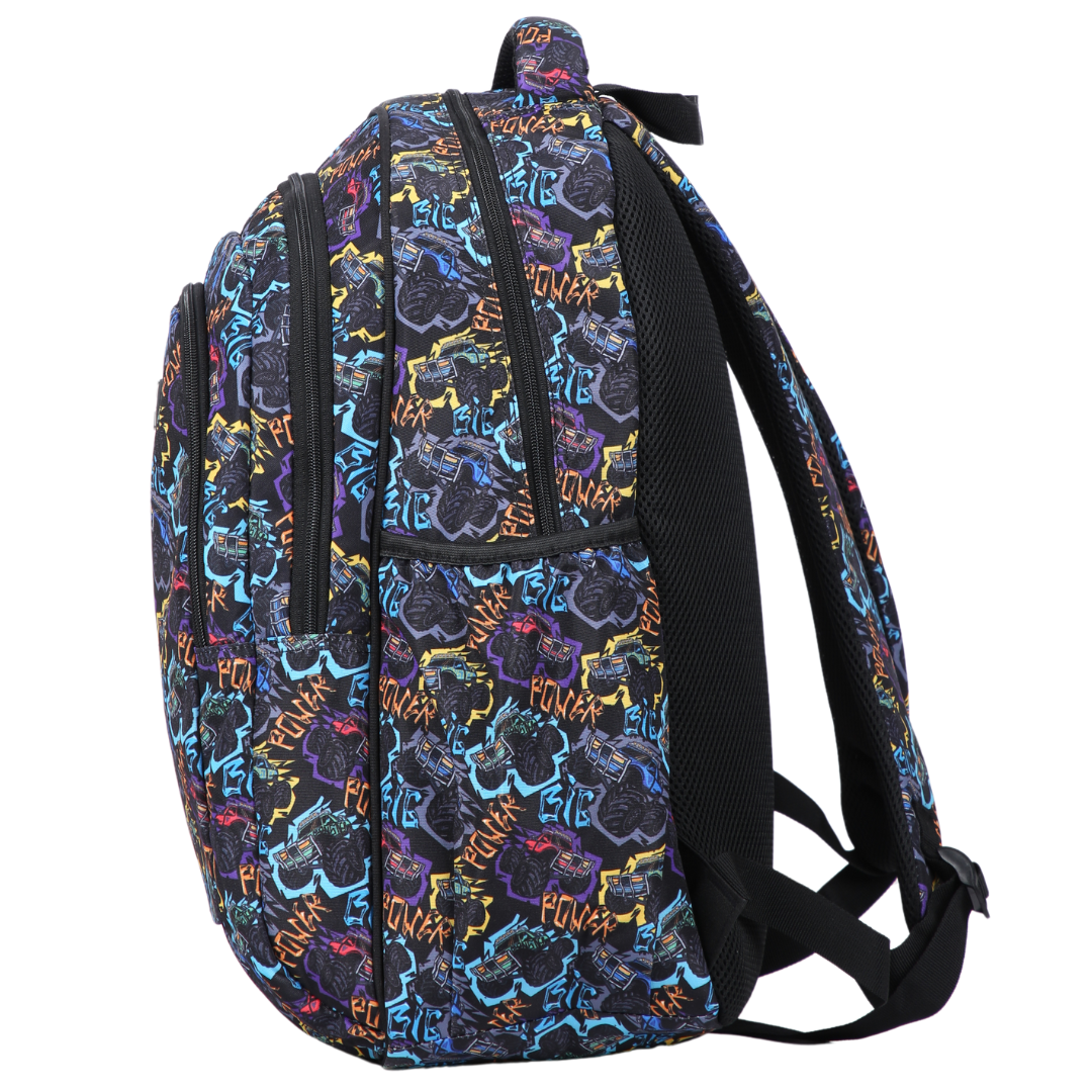 Side view of Monster Truck Large School Backpack  Deep side pockets and multiple carry handles
