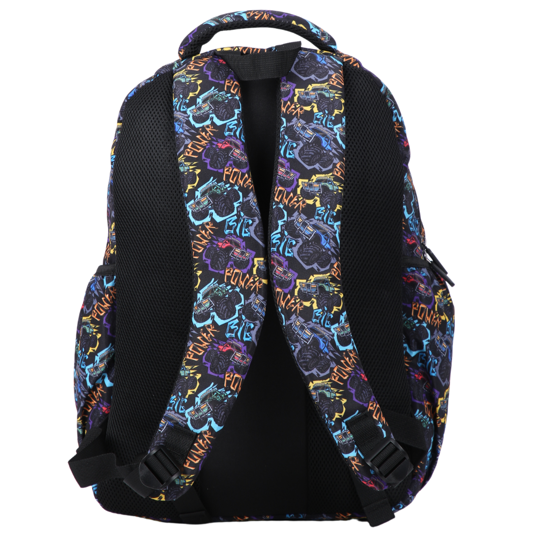 Back view of Monster Truck Large School Backpack padded straps and breathable cushions for comfort