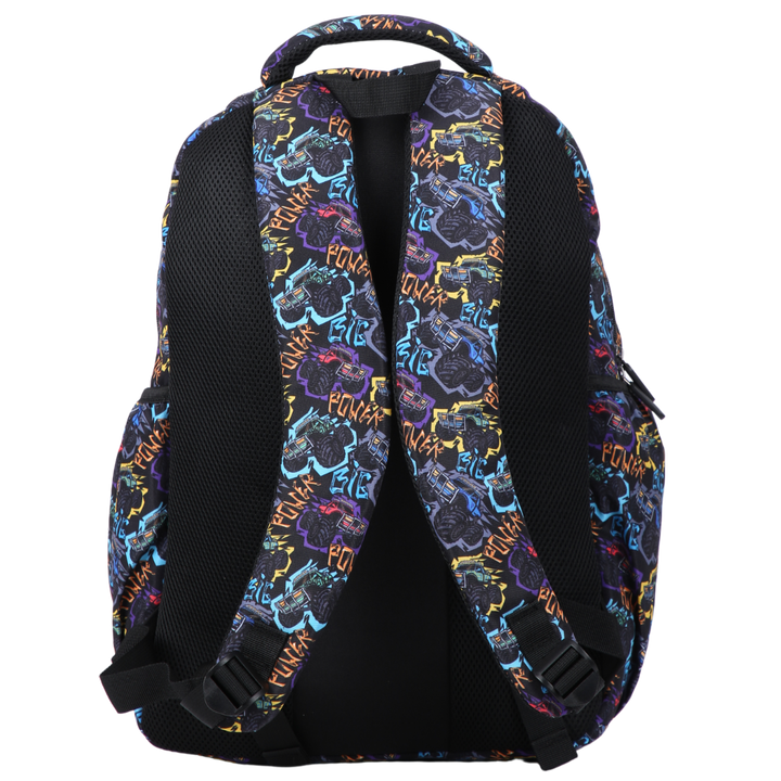 Back view of Monster Truck Large School Backpack padded straps and breathable cushions for comfort