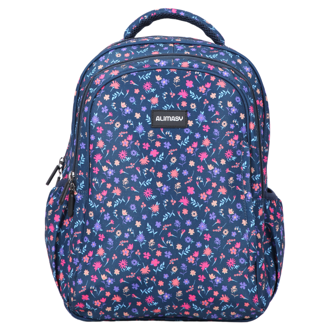 Ditsy Flowers Navy Midsize Kids Backpack front view lightweight waterproof preschool and primary school bag Australia NZ