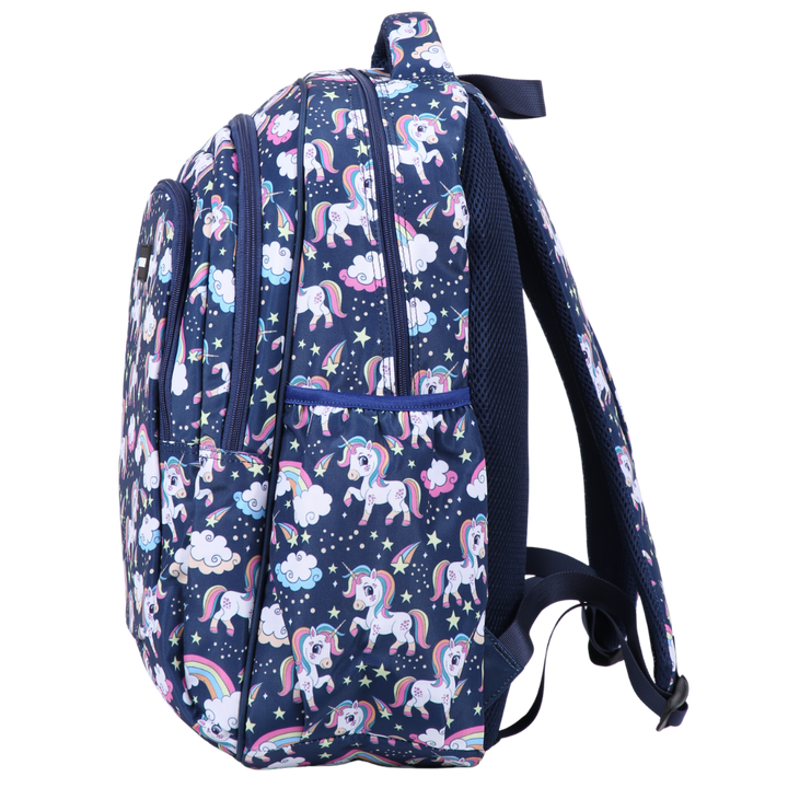 Backpack with unicorn and rainbow pattern on a navy background