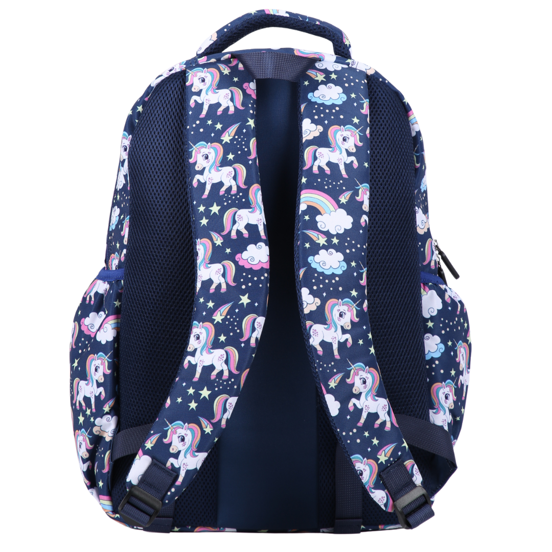 Backpack with unicorn and rainbow pattern on a navy blue background