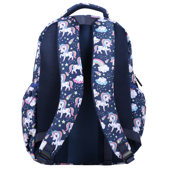 Backpack with unicorn and rainbow pattern on a navy blue background